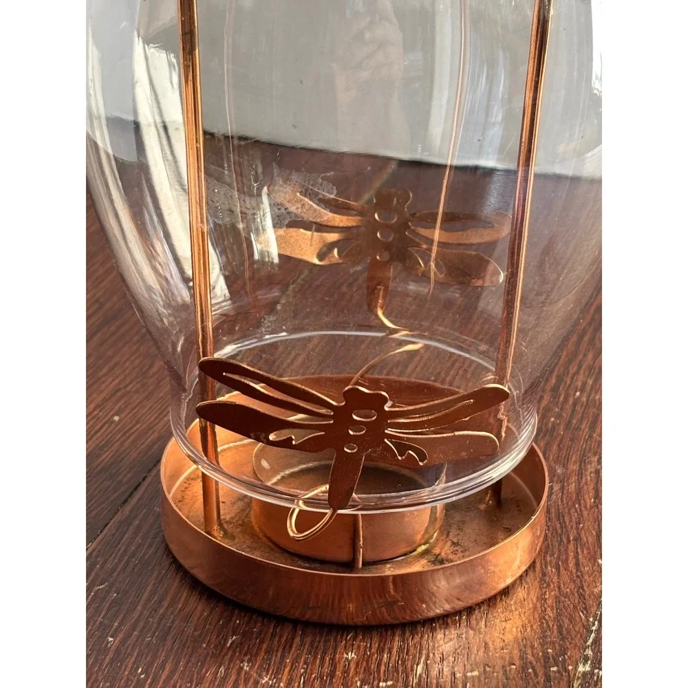Copper Dragonfly Tea Light Candle Holder with Glass‎ Hurricane Shade Lantern 12